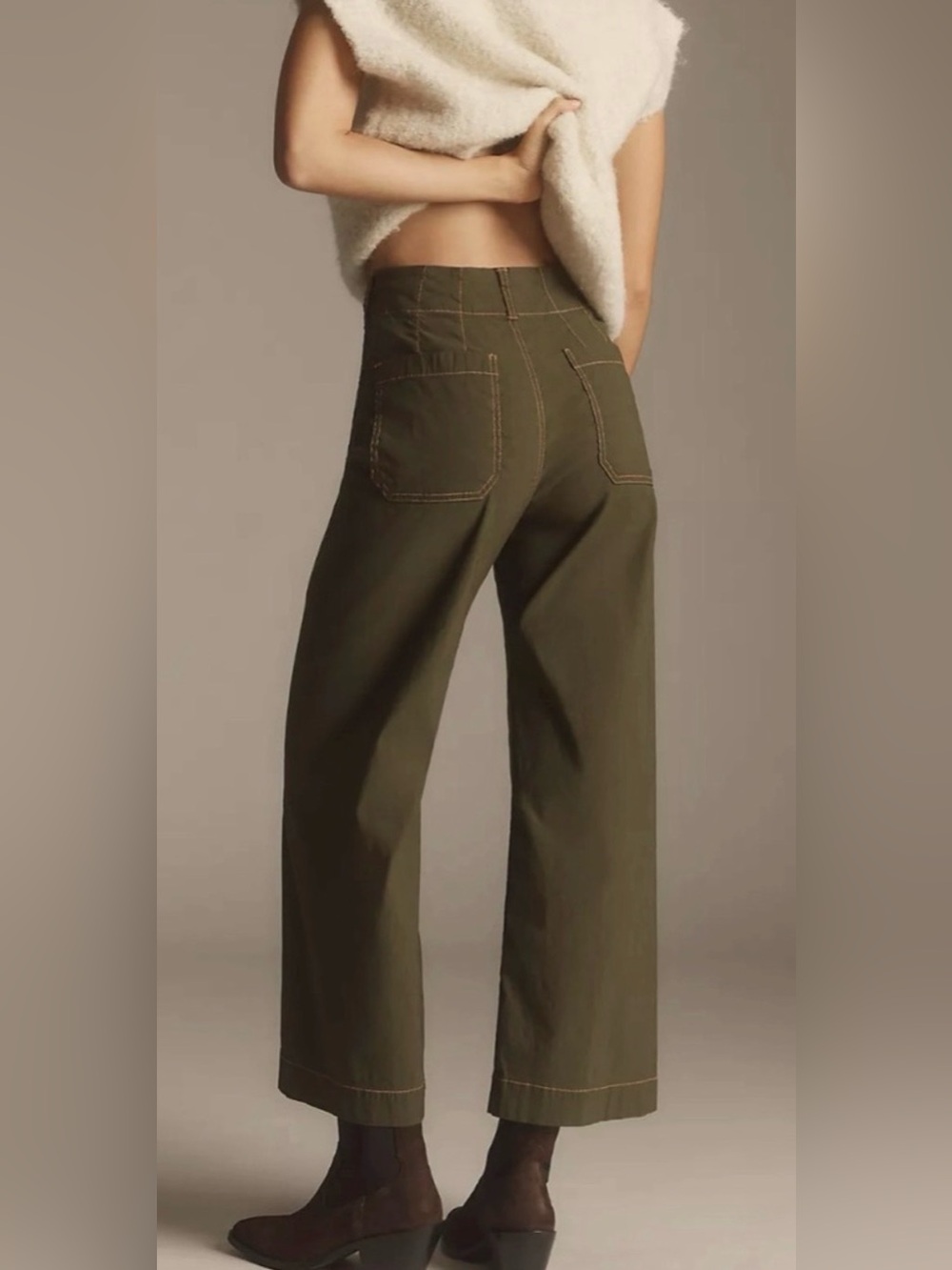 Anthropologie Maeve The Colette Crop Wide-Leg Pants Contrast Stitch Olive 32 - Picture 2 of 11